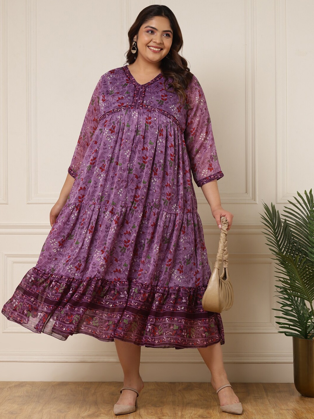 

DEEBACO Ethnic Motifs Print Tie-Up Neck Chiffon A-Line Midi Dress, Purple