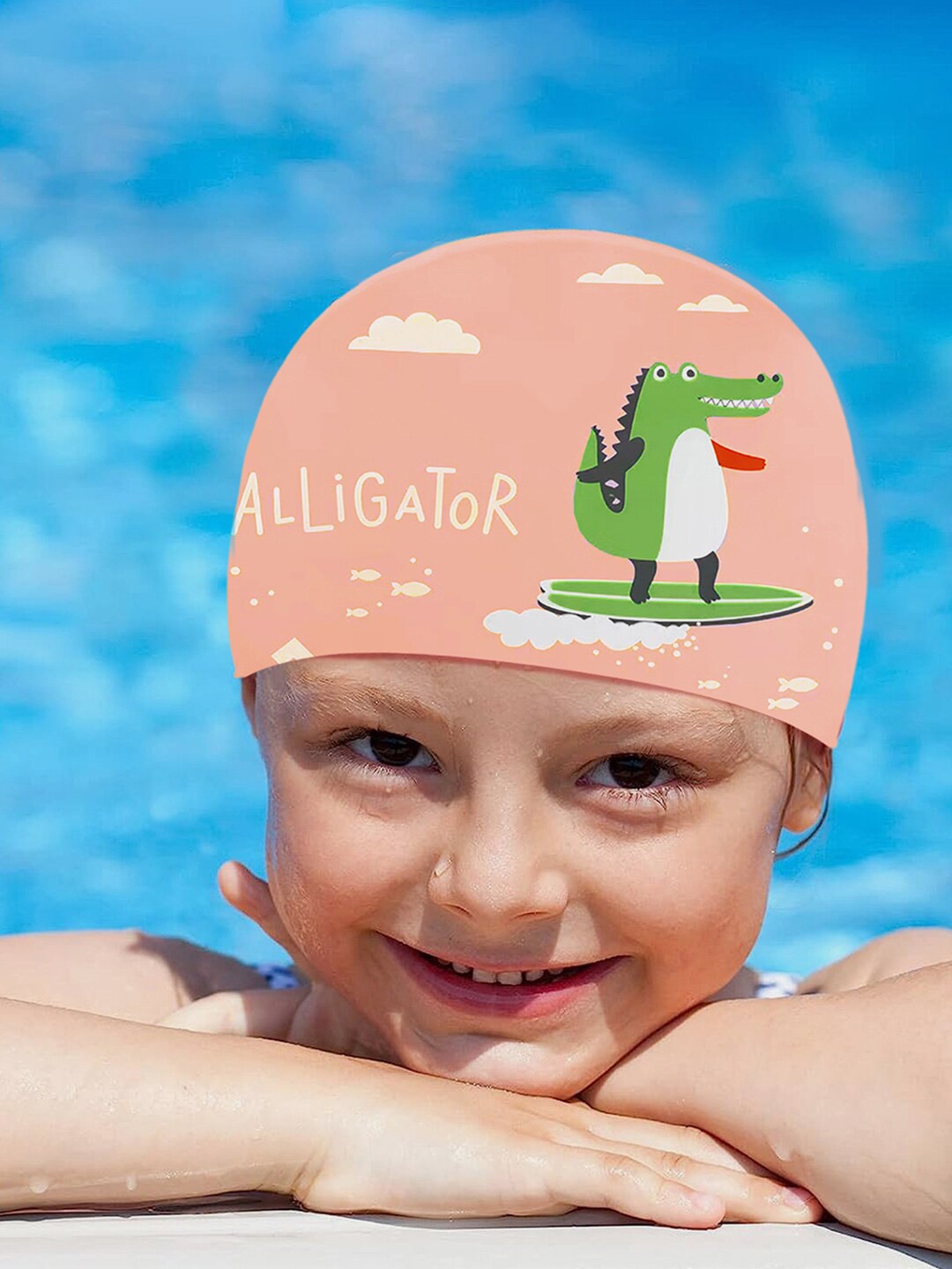 

Little Surprise Box LLP Kids Printed Silicone Anti-Skid Swimwear Cap, Peach