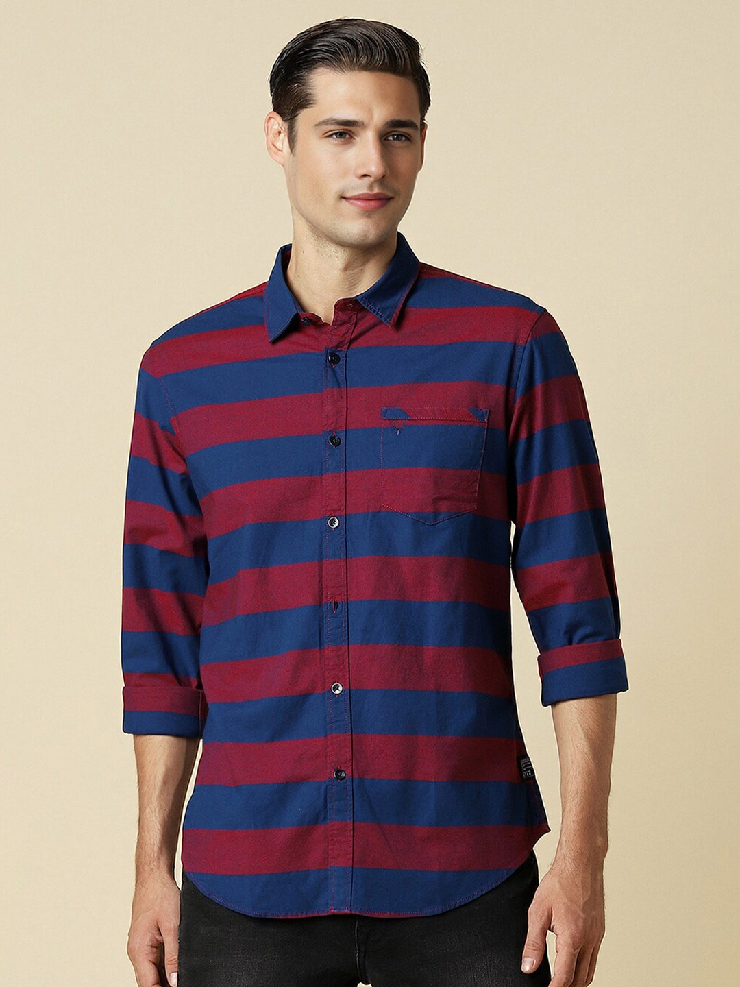 

Allen Solly Men Horizontal Stripes Opaque Striped Casual Shirt, Maroon