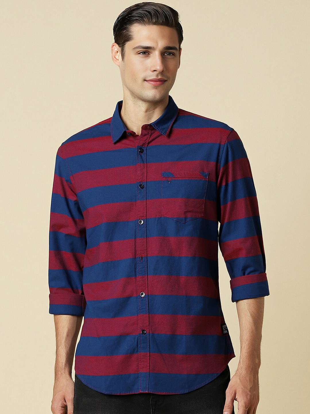 

Allen Solly Men Horizontal Stripes Opaque Striped Casual Shirt, Maroon