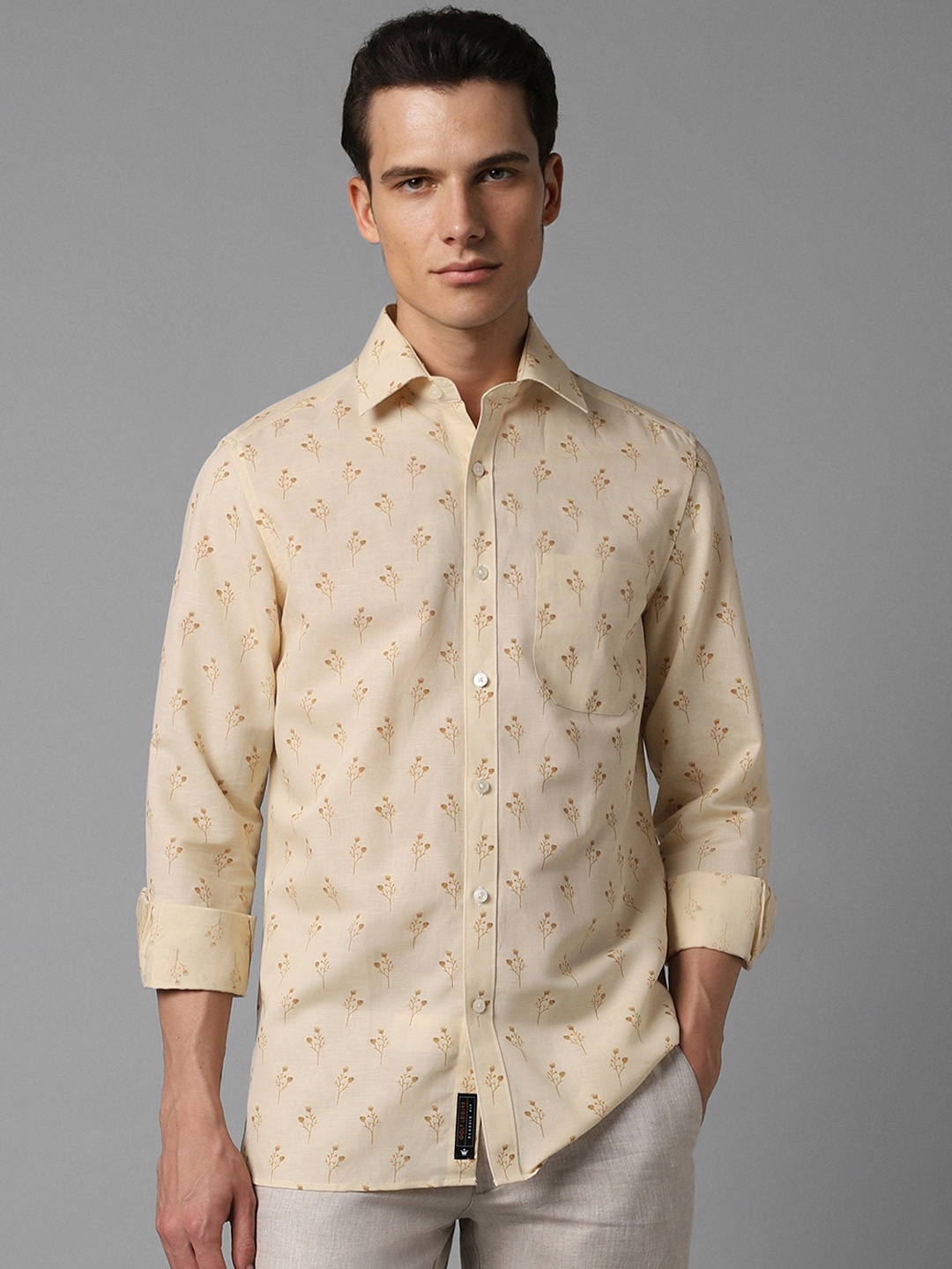 

Louis Philippe Classic Fit Floral Printed Cotton Linen Casual Shirt, Beige