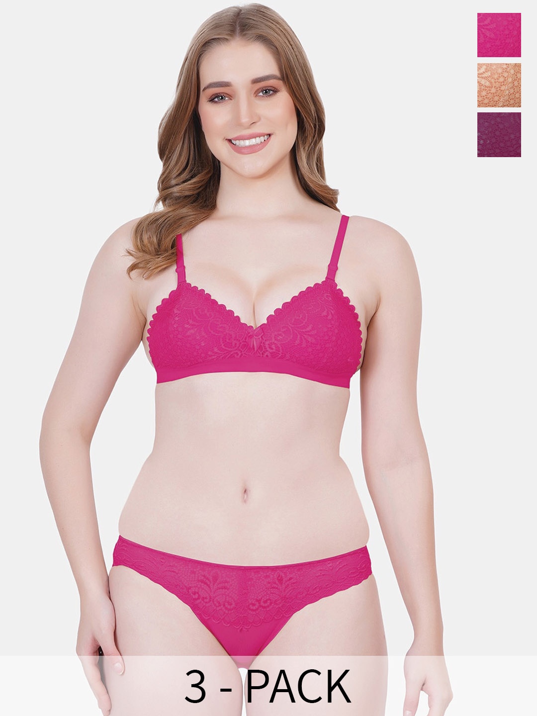 

Reveira Pack Of 3 Self Design Lace Lingerie Sets, Beige