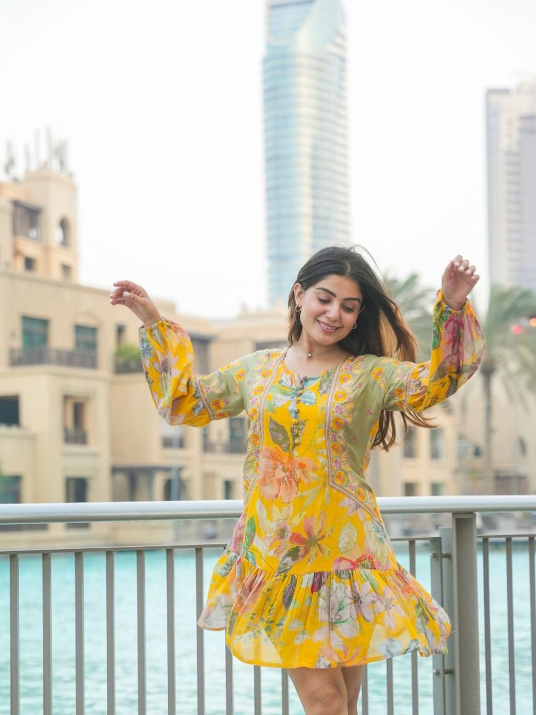

Zolo Label Print Bell Sleeve A-Line Dress, Yellow