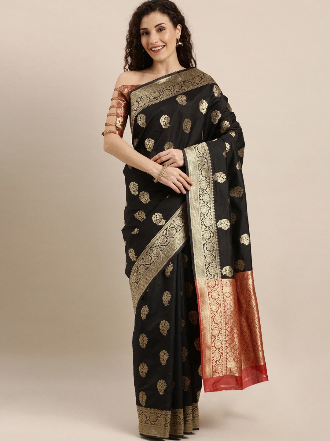 

Mitera Woven Design Zari Silk Blend Kanjeevaram Saree, Black