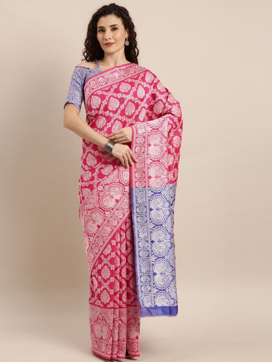 

Mitera Woven Design Zari Silk Blend Maheshwari Saree, Pink