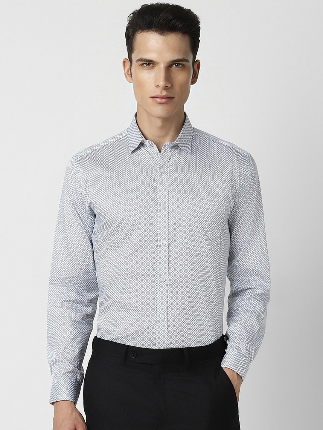 

V Dot Men Slim Fit Micro Checks Opaque Striped Party Shirt, Grey