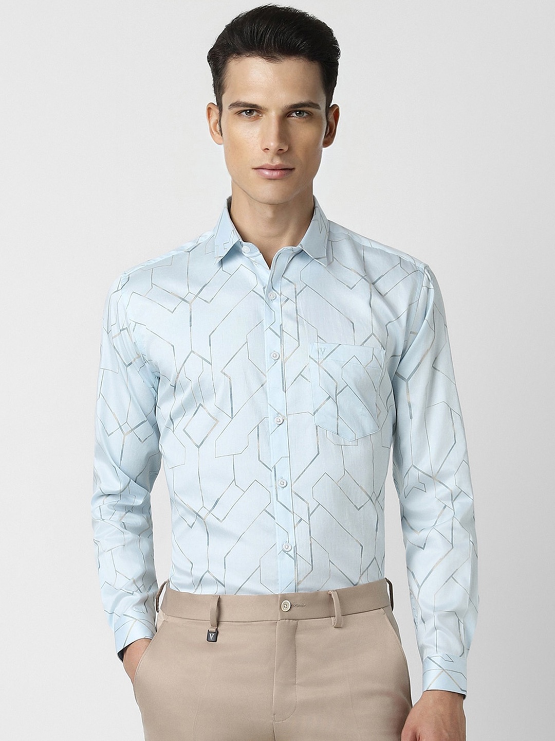

V Dot Men Slim Fit Opaque Printed Party Shirt, Blue