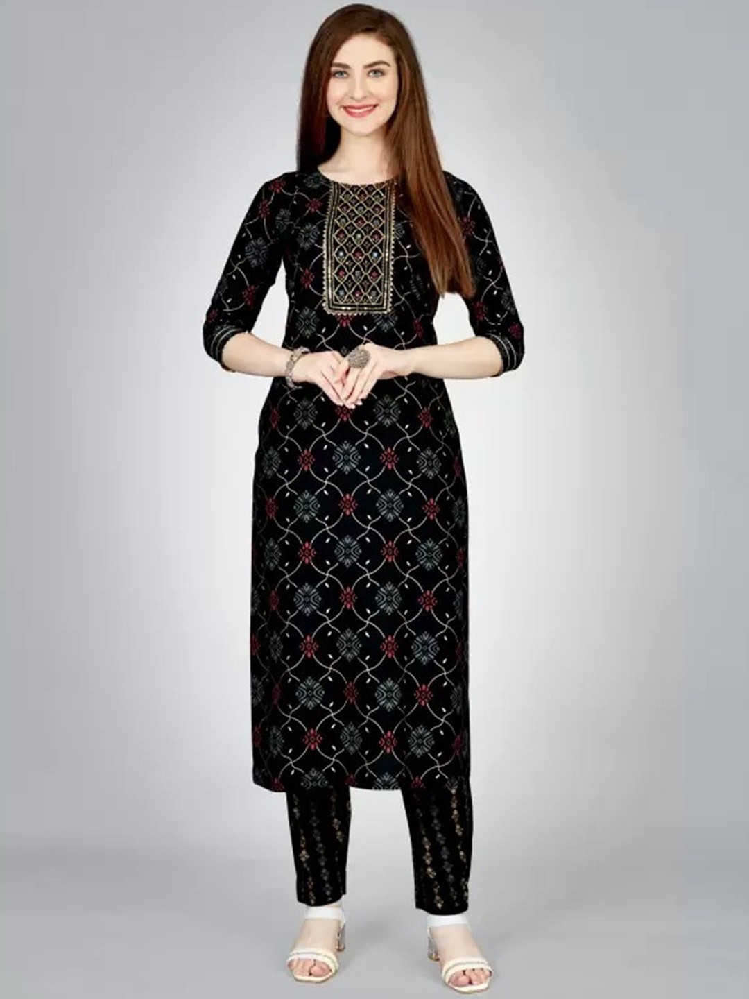 

ksevencreation Women Floral Embroidered Regular Sequinned Kurta with Trousers, Black