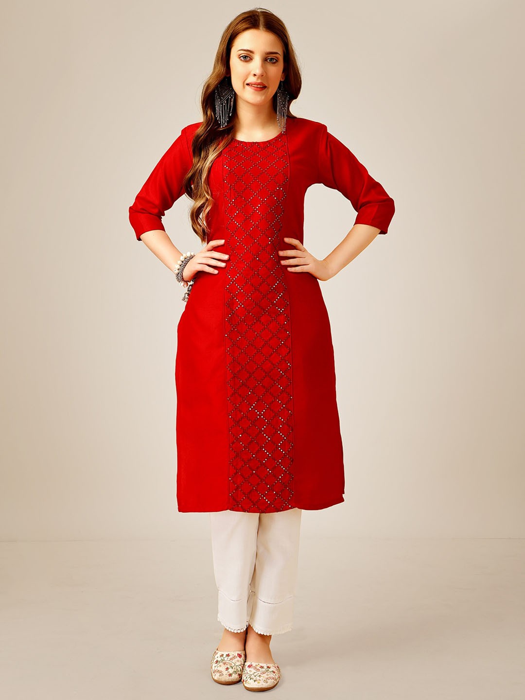 

ksevencreation Women Embroidered Panelled Sequinned Kurta with Churidar, Red