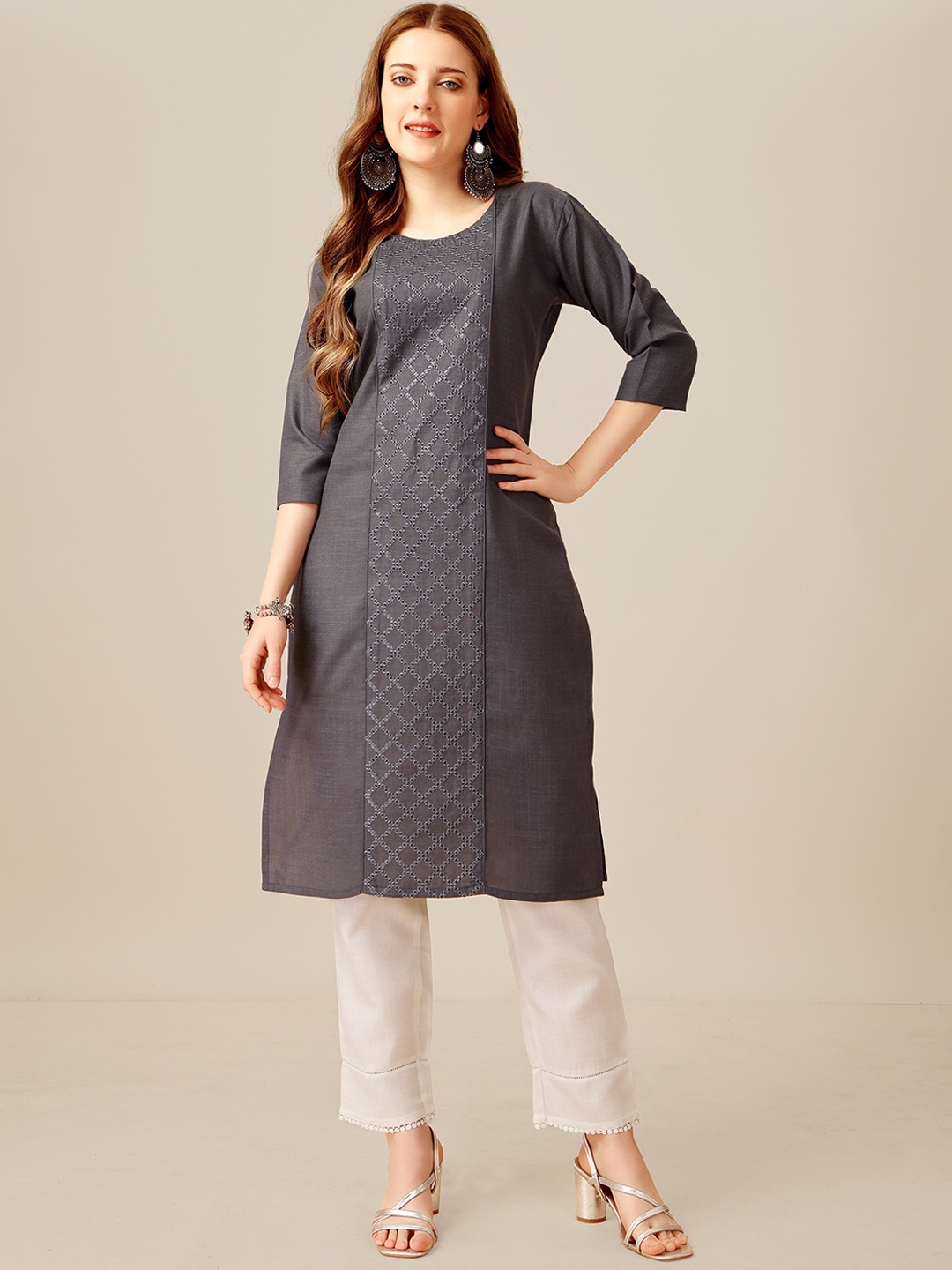 

ksevencreation Women Embroidered Panelled Sequinned Kurta with Churidar, Grey