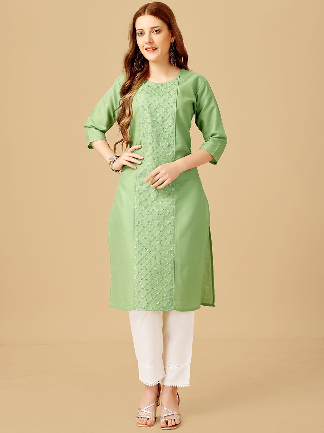 

ksevencreation Women Embroidered Panelled Sequinned Kurta with Trousers, Green