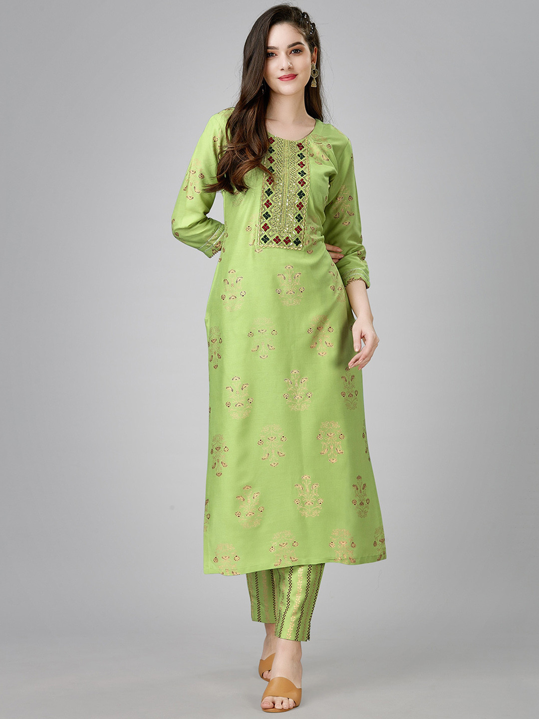 

ksevencreation Women Floral Embroidered Regular Sequinned Kurta with Churidar, Green