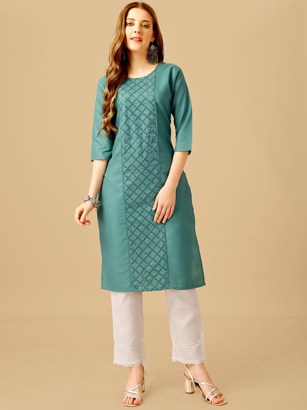 

ksevencreation Women Embroidered Panelled Thread Work Kurta with Trousers, Teal