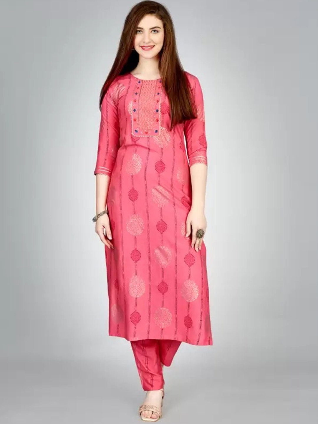 

ksevencreation Women Paisley Embroidered Regular Kurta with Churidar, Pink