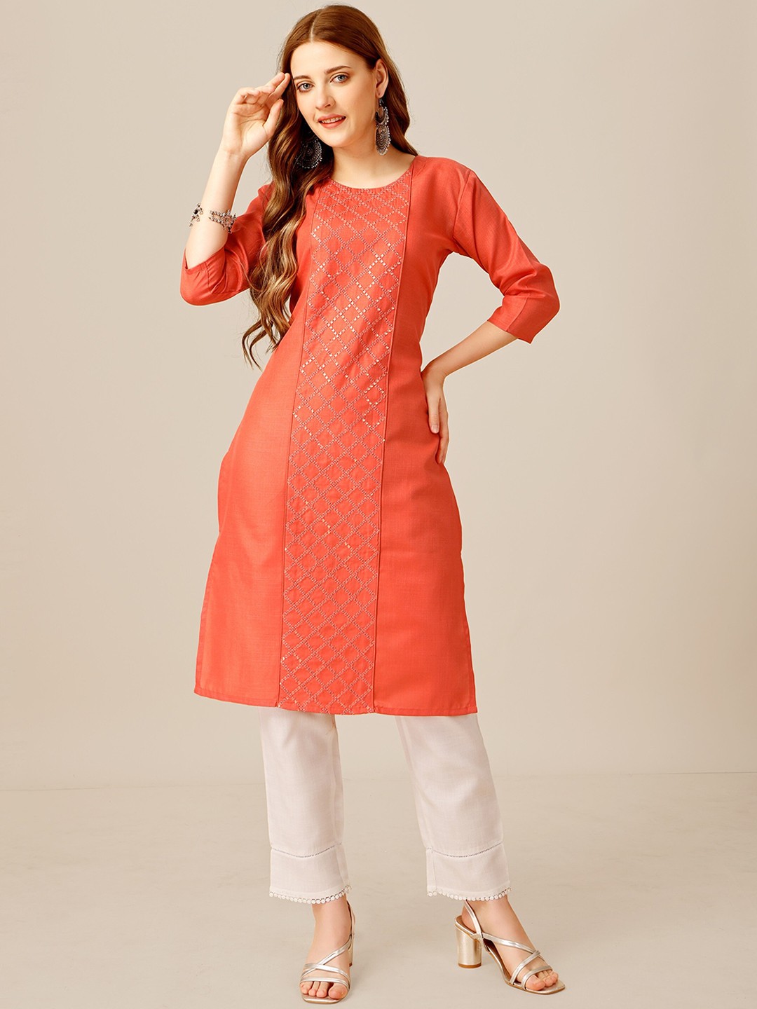 

ksevencreation Women Embroidered Panelled Kurta with Churidar, Orange