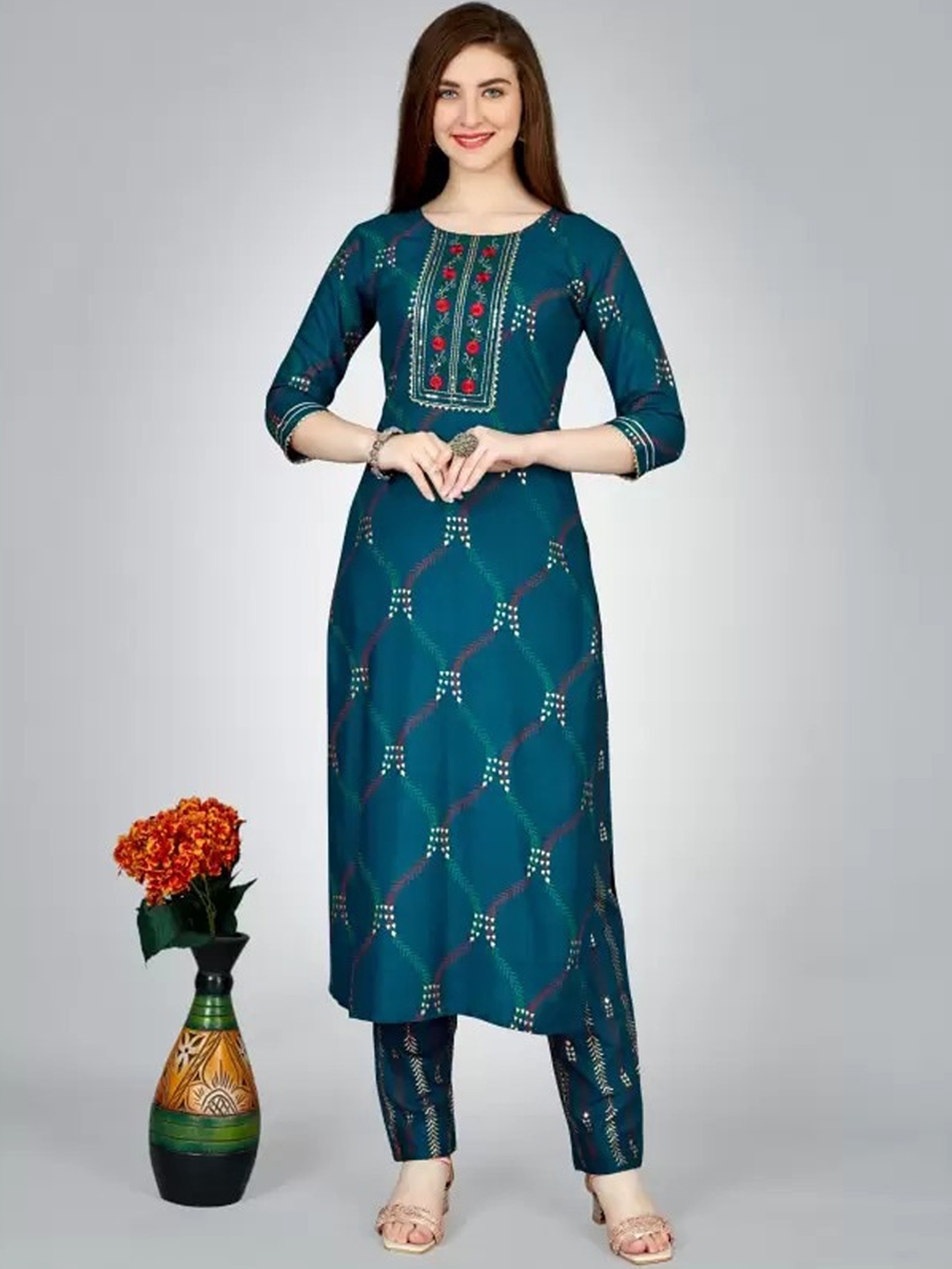 

ksevencreation Women Ethnic Motifs Embroidered Regular Thread Work Kurta with Trousers, Blue