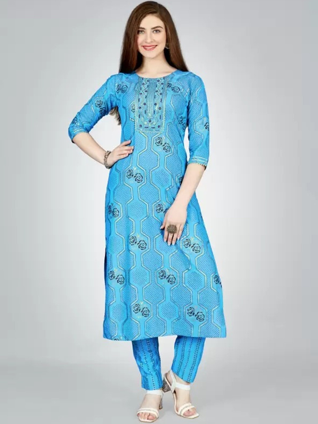 

ksevencreation Women Ethnic Motifs Embroidered Regular Mirror Work Kurta with Churidar, Blue