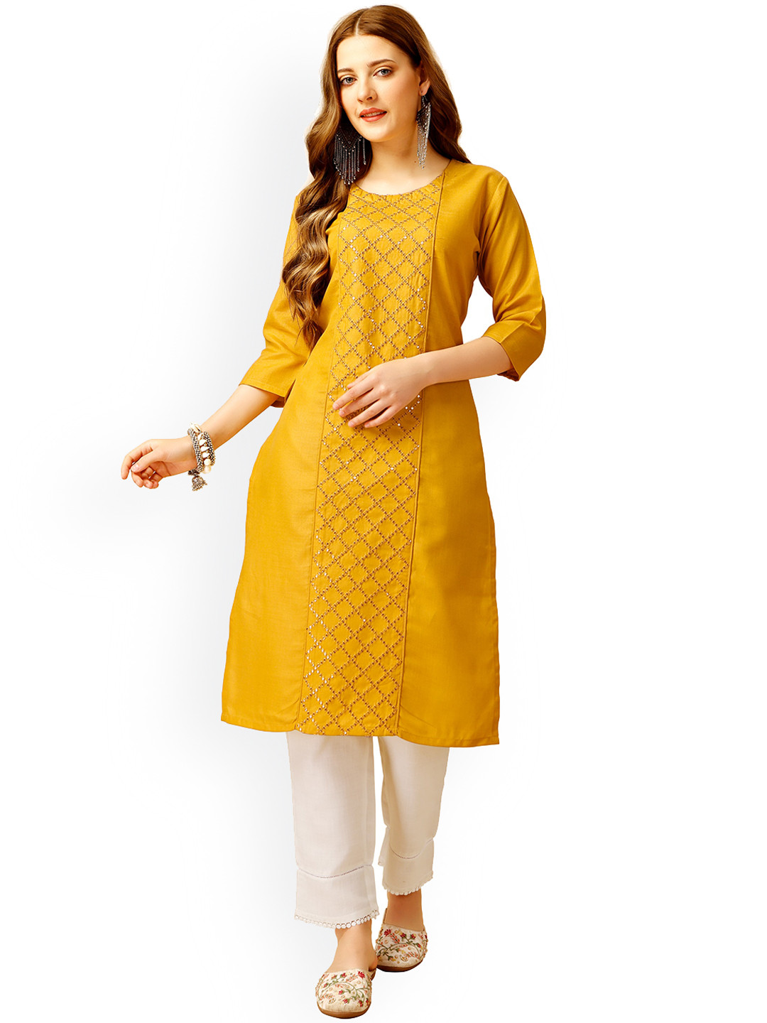 

ksevencreation Women Embroidered Panelled Sequinned Kurta with Churidar, Yellow