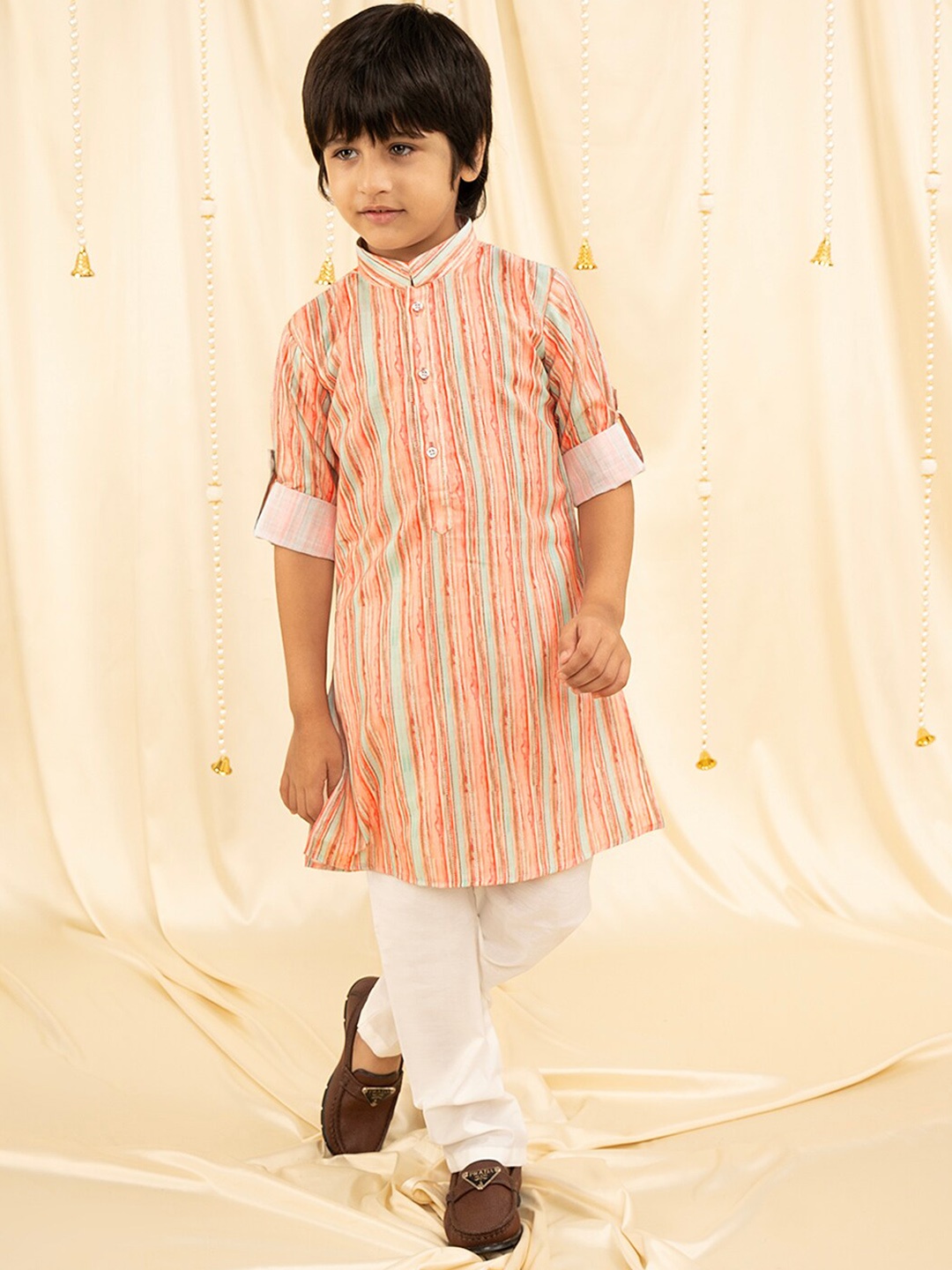 

Ministitch Boys Striped Regular Kurta with Trousers, Orange