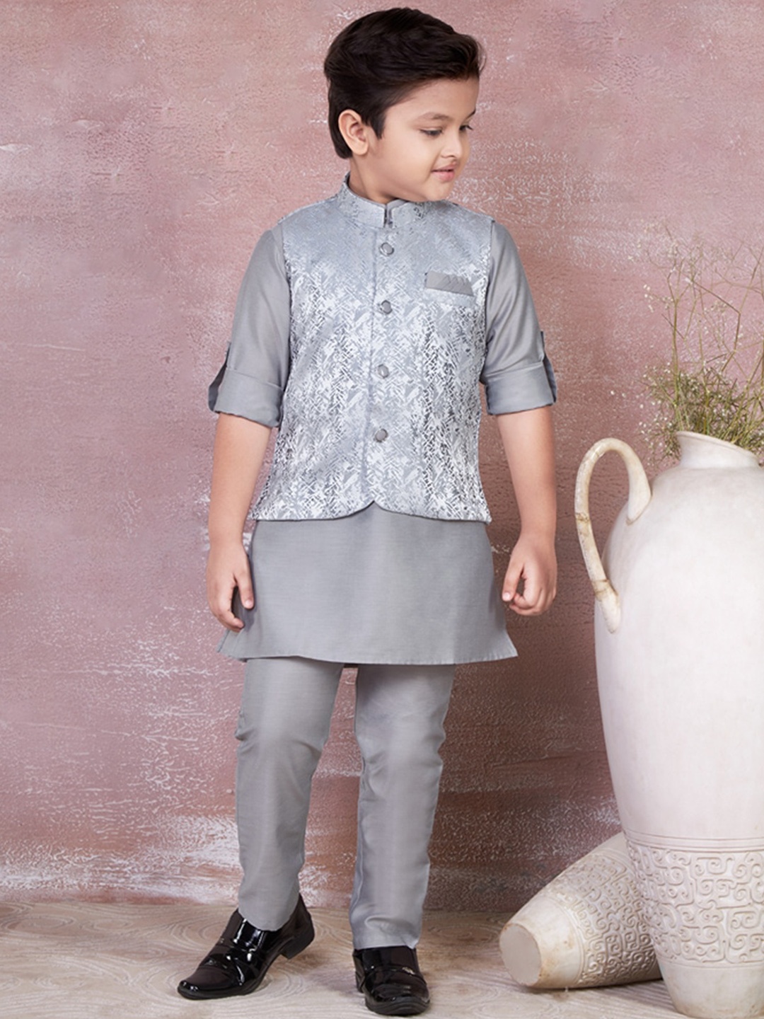 

Ministitch Boys Regular Kurta with Pyjamas, Grey