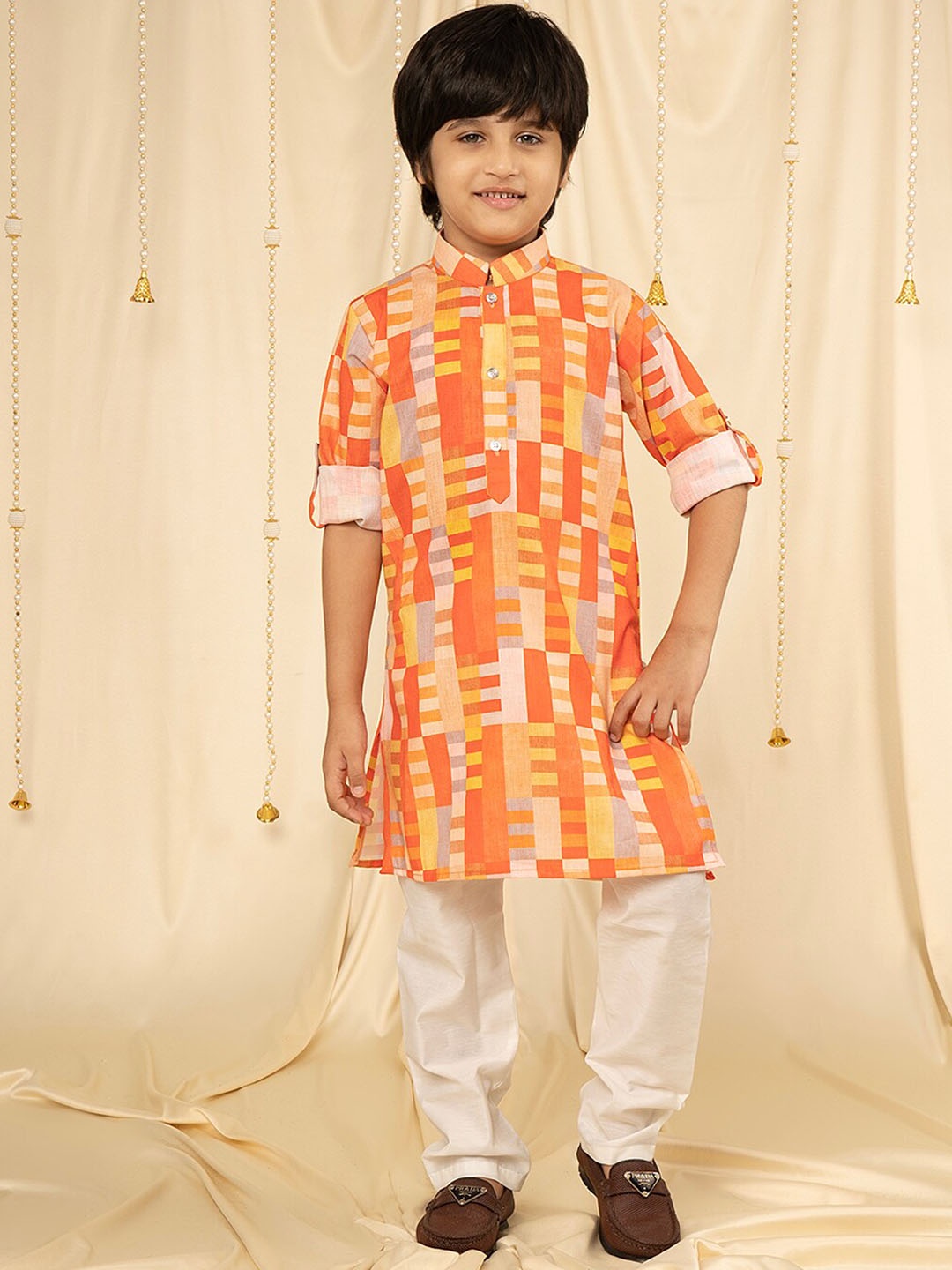 

Ministitch Boys Printed Regular Kurta with Pyjamas, Orange