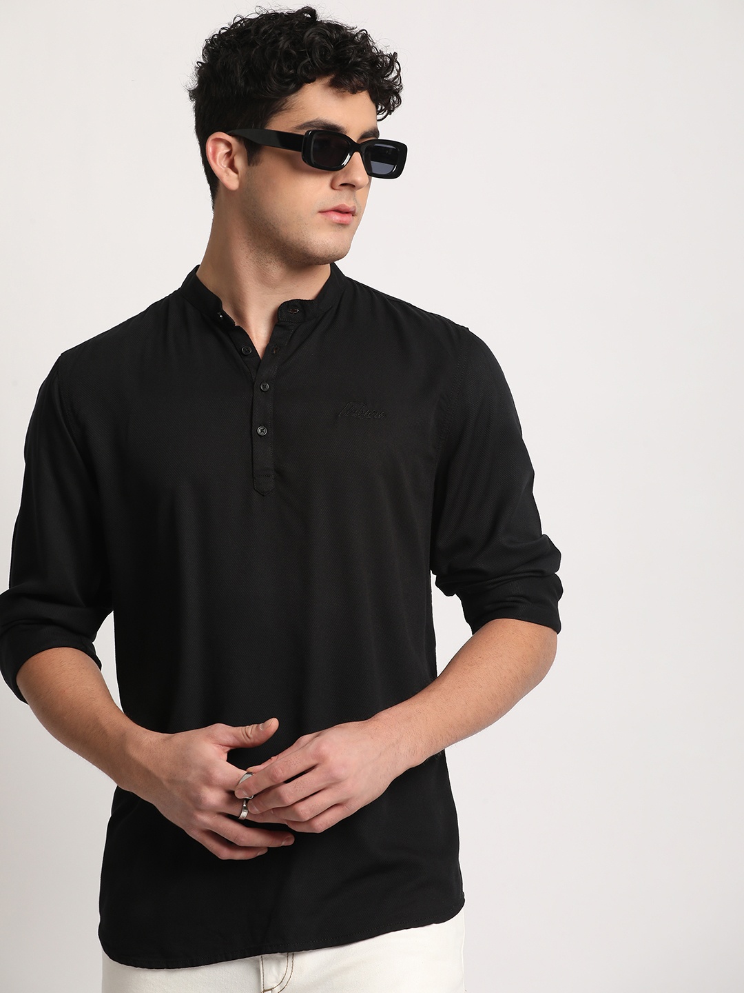 

URBARO Classic Mandarin Collar Casual Shirt, Black