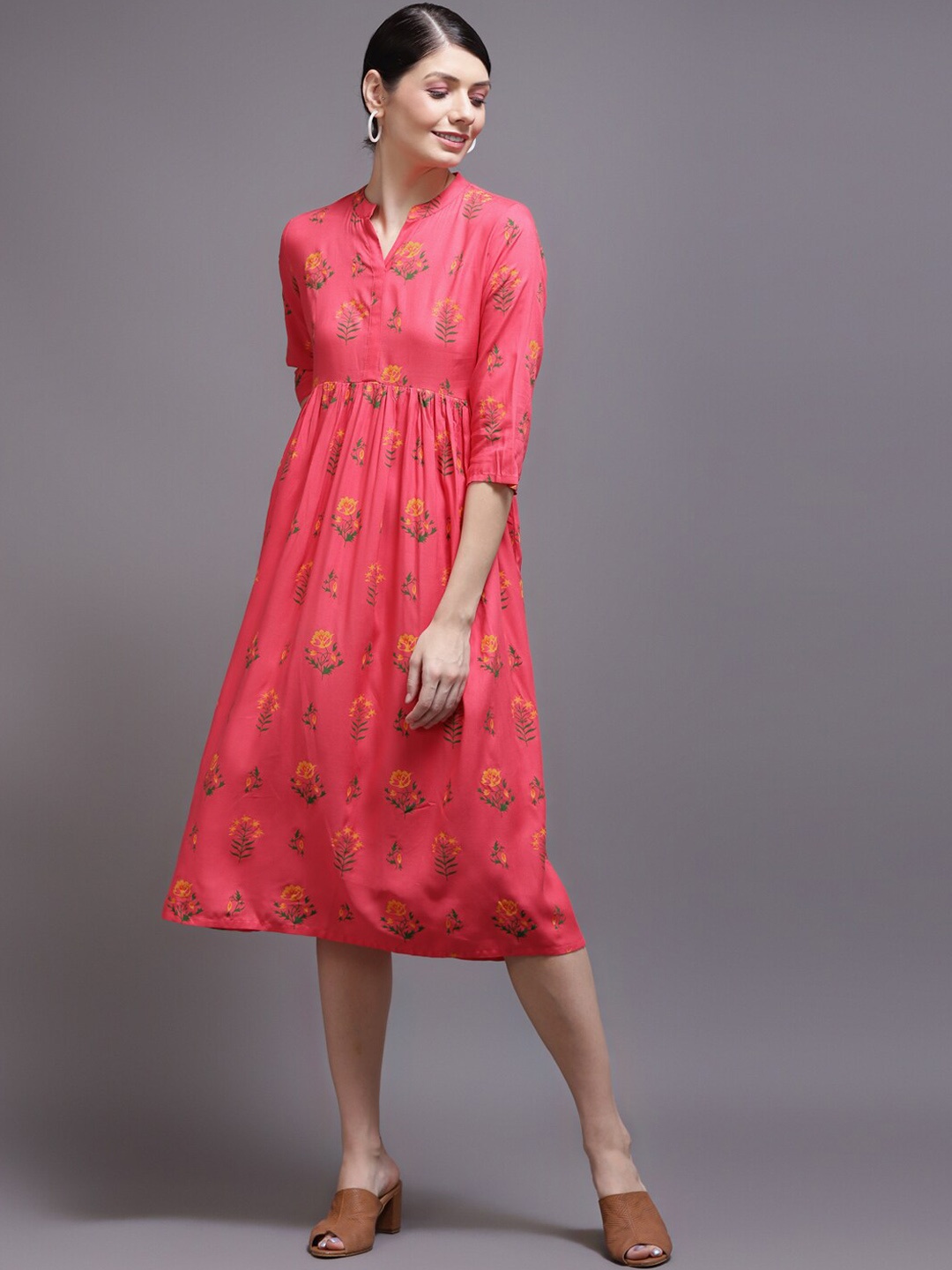 

Cora Floral Printed Fit & Flare Ethnic Dress, Pink