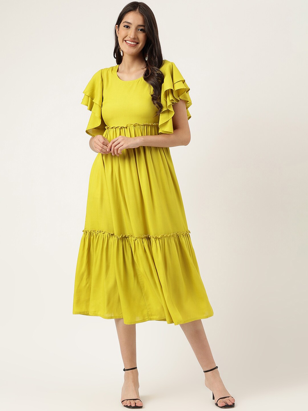 

Cora Tiered Flutter Sleeve Fit & Flare Midi Dress, Lime green