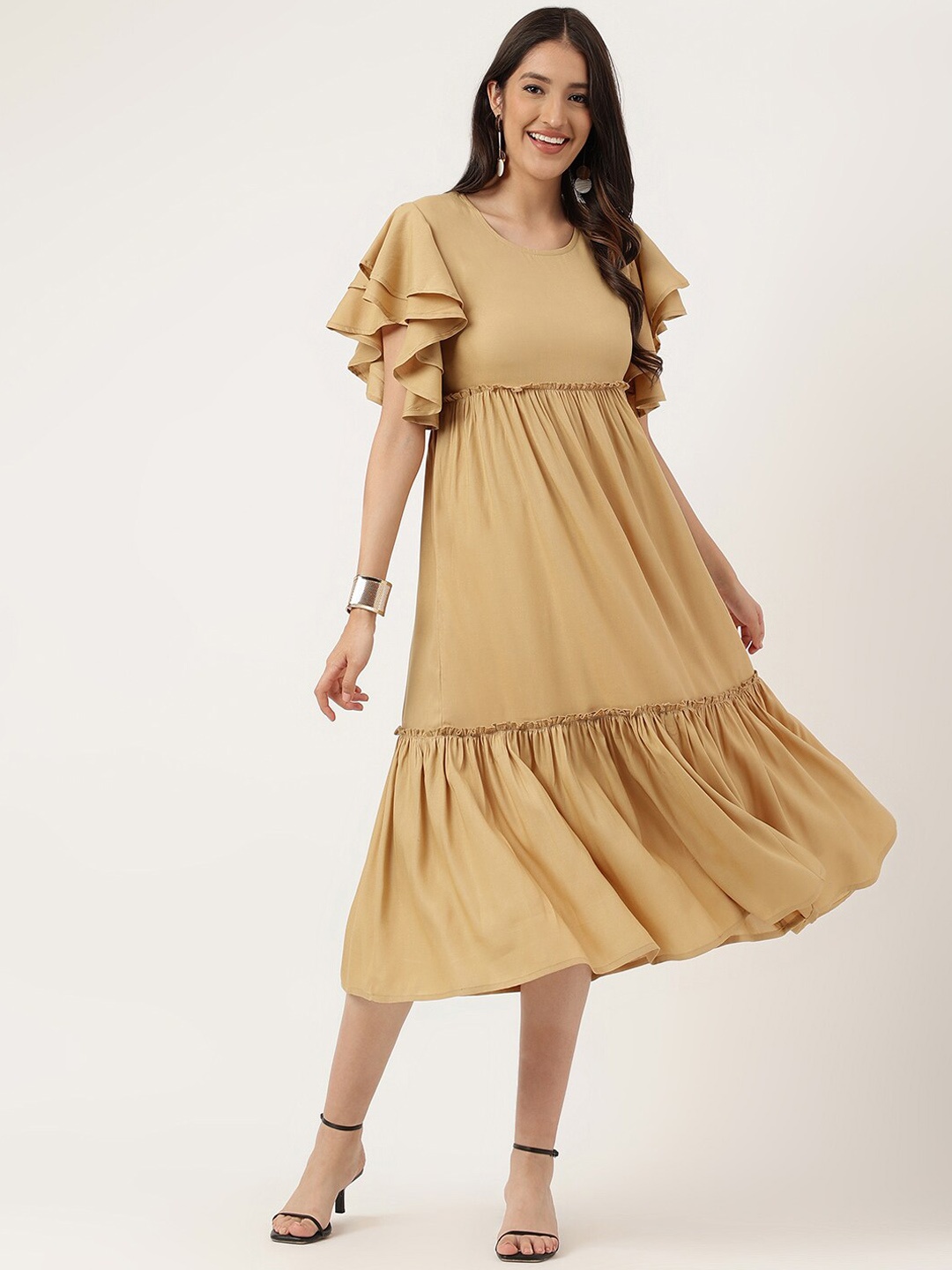 

Cora Flutter Sleeves Fit & Flared Midi Dress, Camel brown