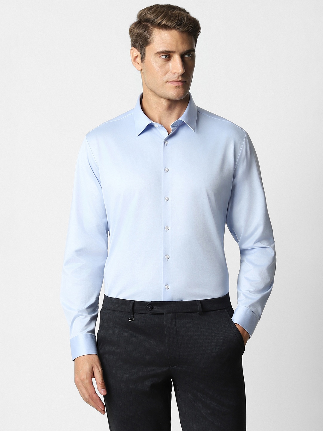 

Van Heusen Slim Fit Textured Pure Cotton Formal Shirt, Blue