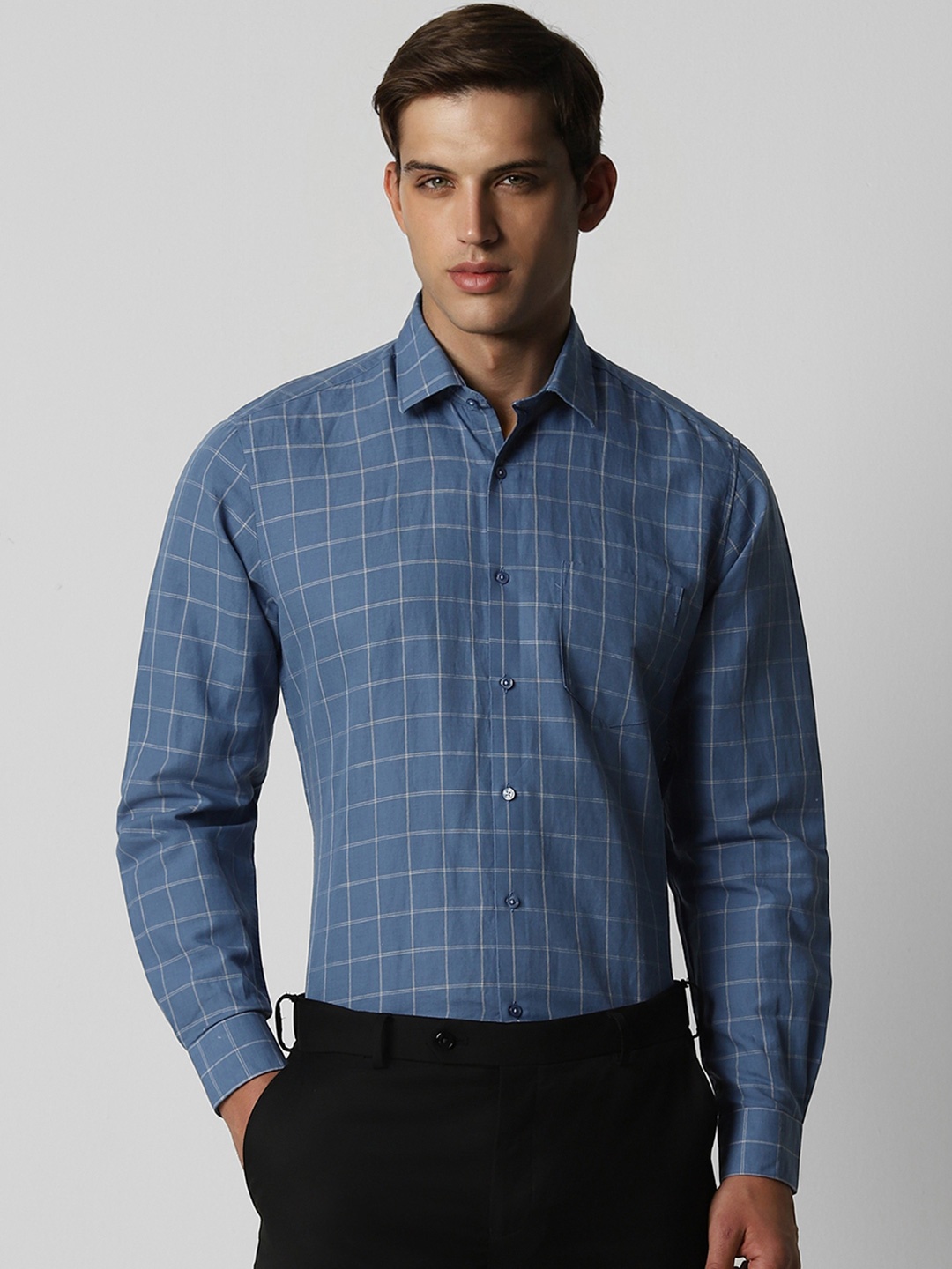 

Van Heusen Windowpane Checked Linen Cotton Formal Shirt, Blue
