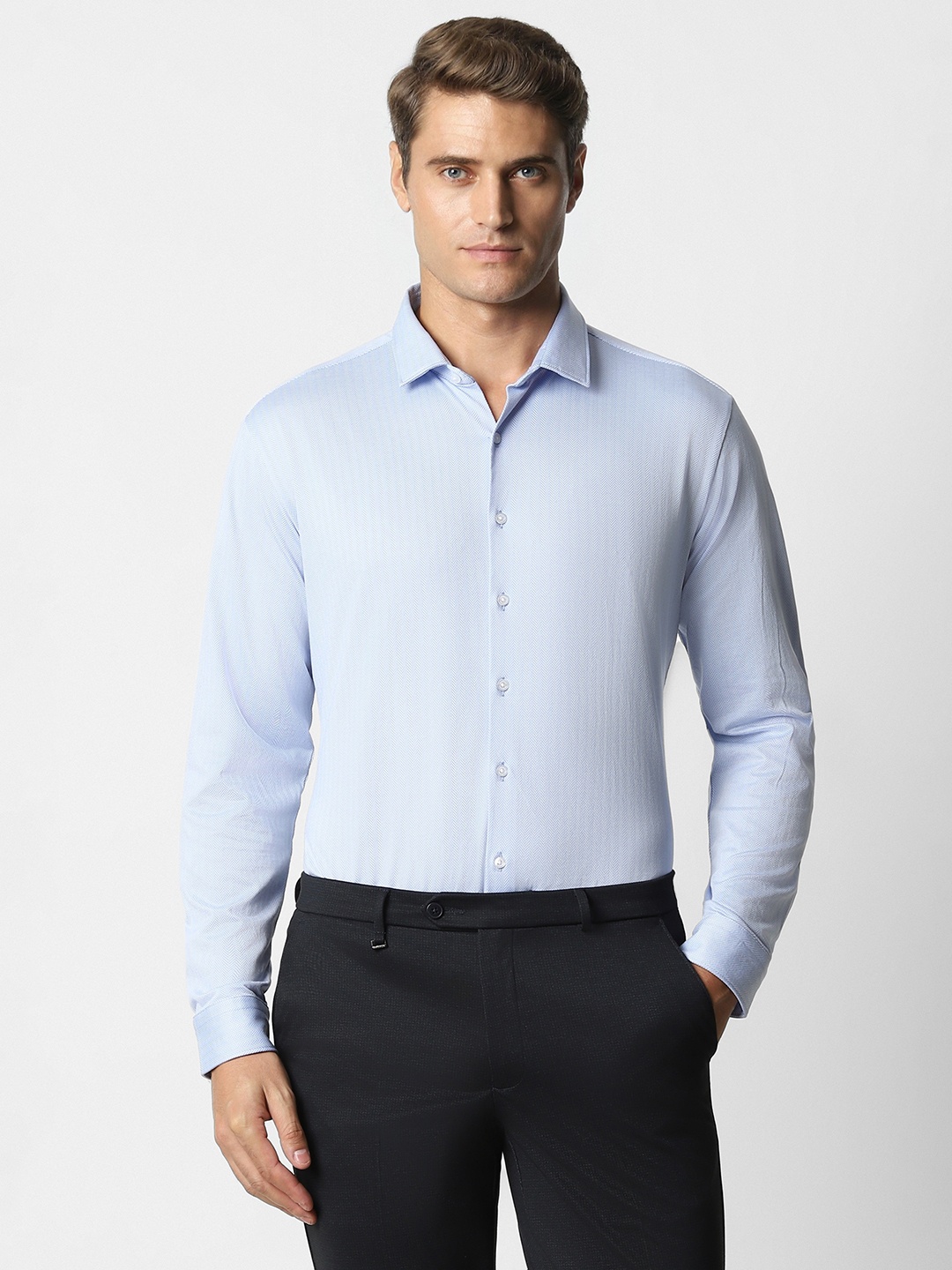 

Van Heusen Slim Fit Textured Self Design Formal Shirt, Blue