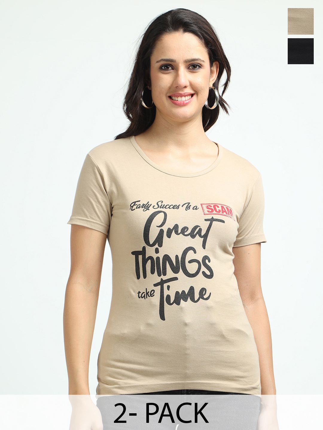 

Fleximaa Women Typography 2 Printed Pure Cotton Applique T-shirt, Multi