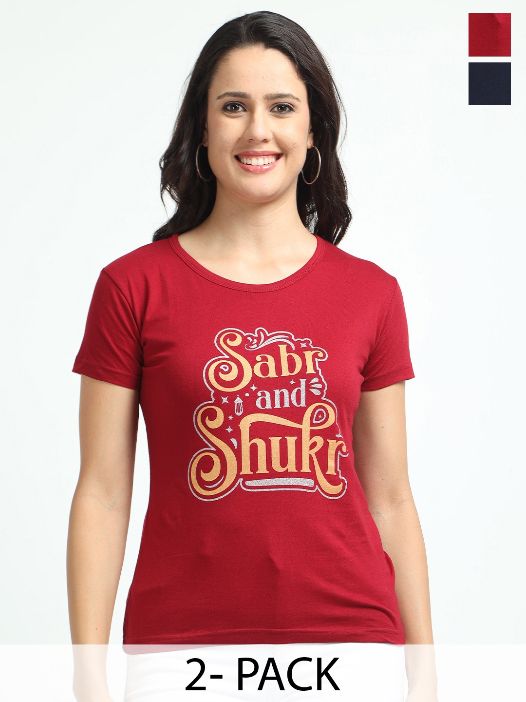 

Fleximaa Women Typography 2 Printed V-Neck Pure Cotton Applique T-shirt, Multi