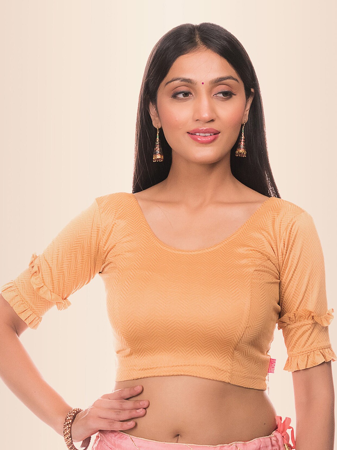 

Bindigasm's Advi Round Neck Saree Blouse, Beige