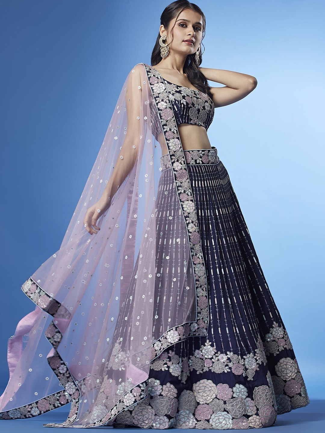 

panchhi Embroidered Sequinned Semi-Stitched Lehenga & Unstitched Blouse With Dupatta, Navy blue
