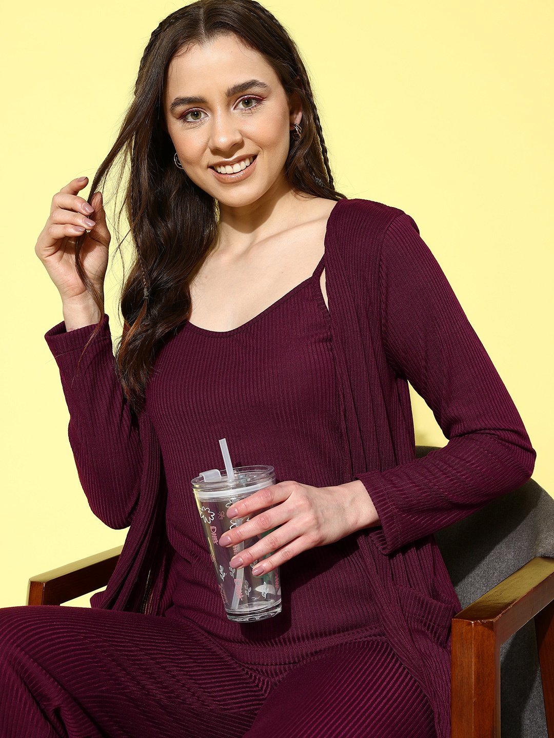 

ETC Women Ribbed Solid Co-Ords Set, Burgundy