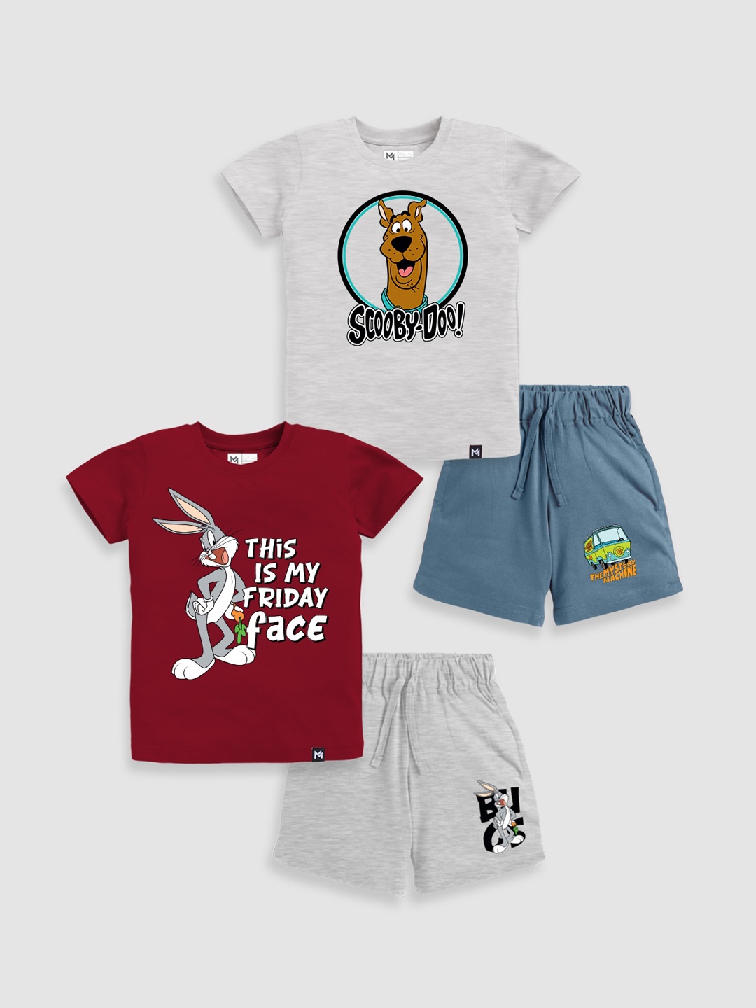 

Minute Mirth Infant Pack Of 2 Cartoon Printed Pure Cotton T-Shirt With Shorts, Grey