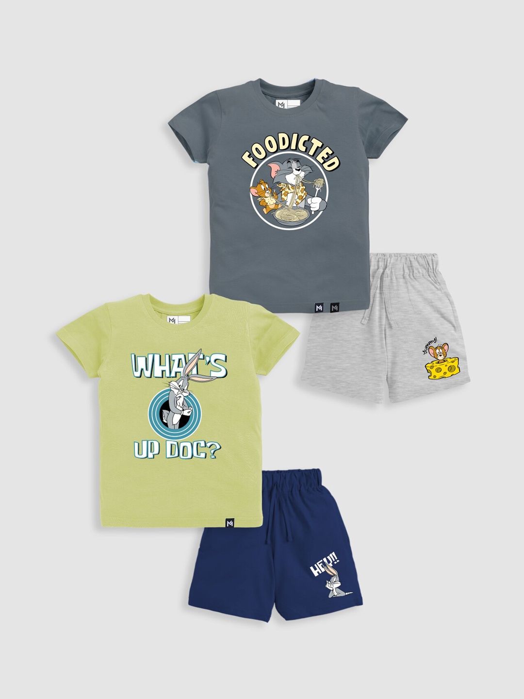 

Minute Mirth Infant Boys Pack Of 2 Printed Pure Cotton T-Shirt With Shorts, Grey