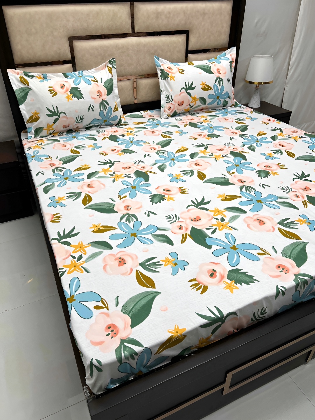 

Pure Decor White & Blue Floral Queen Bedsheet with 2 Pillow Covers