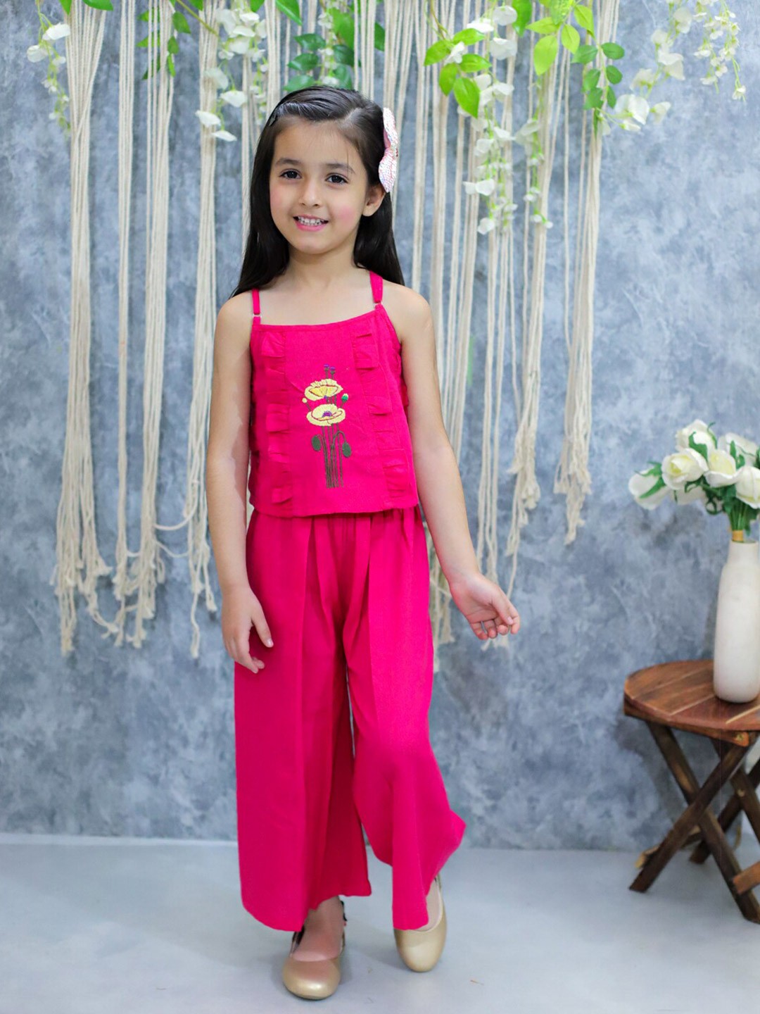 

BownBee Girls Shoulder Straps Pure Cotton Top with Palazzo, Pink