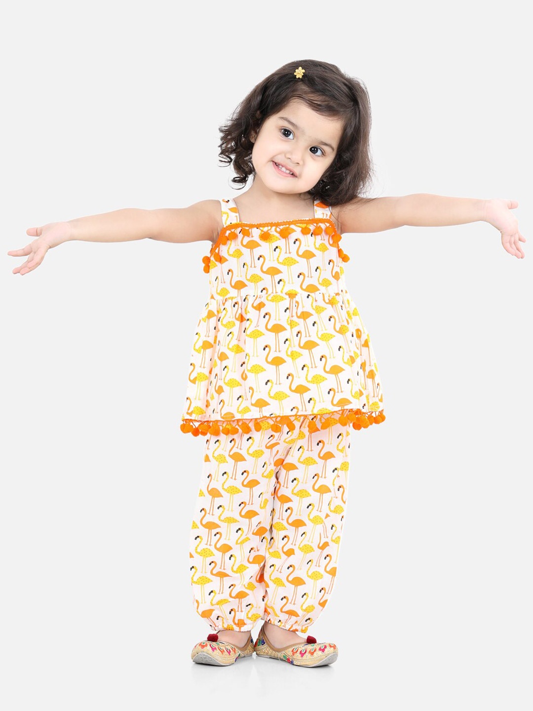 

BownBee Girls Printed Shoulder Straps Pure Cotton Top with Trousers, Orange