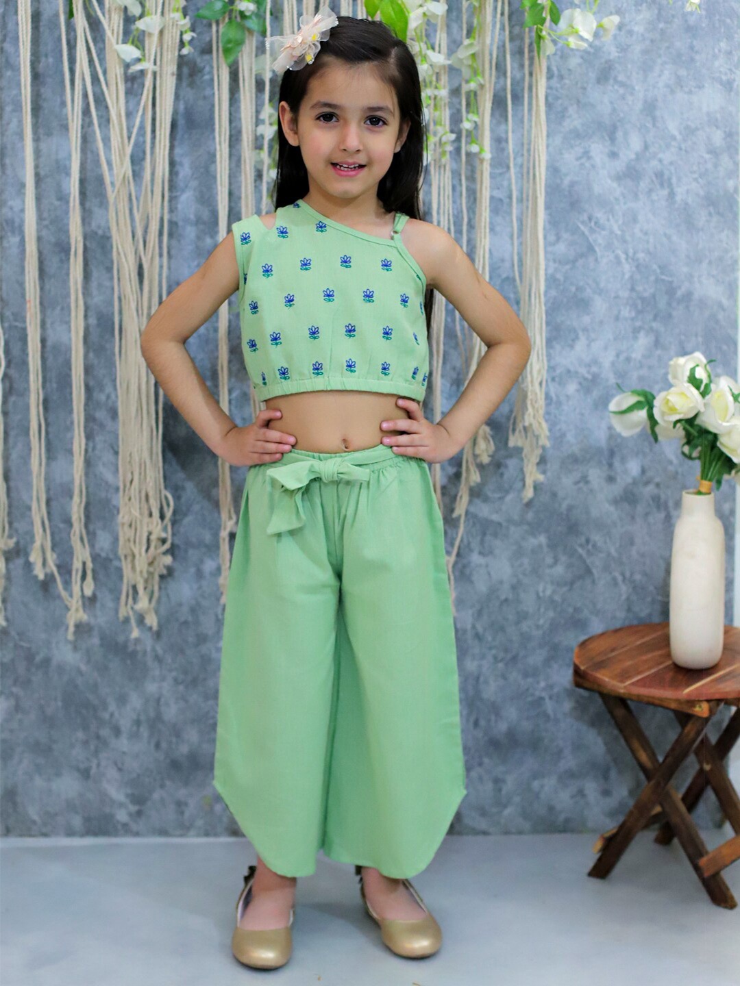 

BownBee Girls One Shoulder Pure Cotton Top with Palazzos, Green