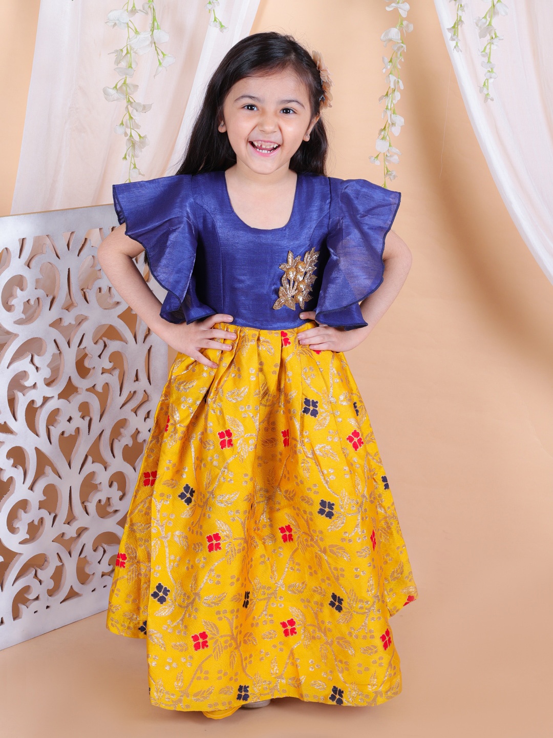 

BownBee Girls Floral Printed Flutter Sleeve Embellished Jacquard Fit & Flare Maxi Dress, Yellow