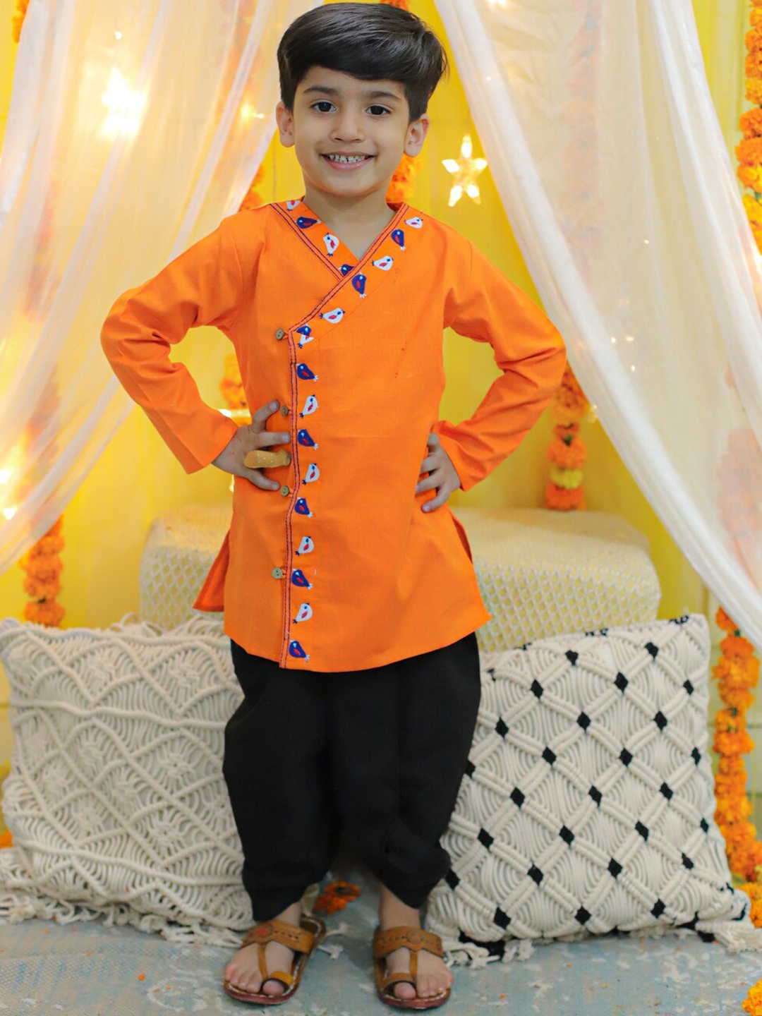 

BownBee Boys Ethnic Yoke Design Angrakha Thread Work Pure Cotton Kurta with Dhoti Pants, Orange