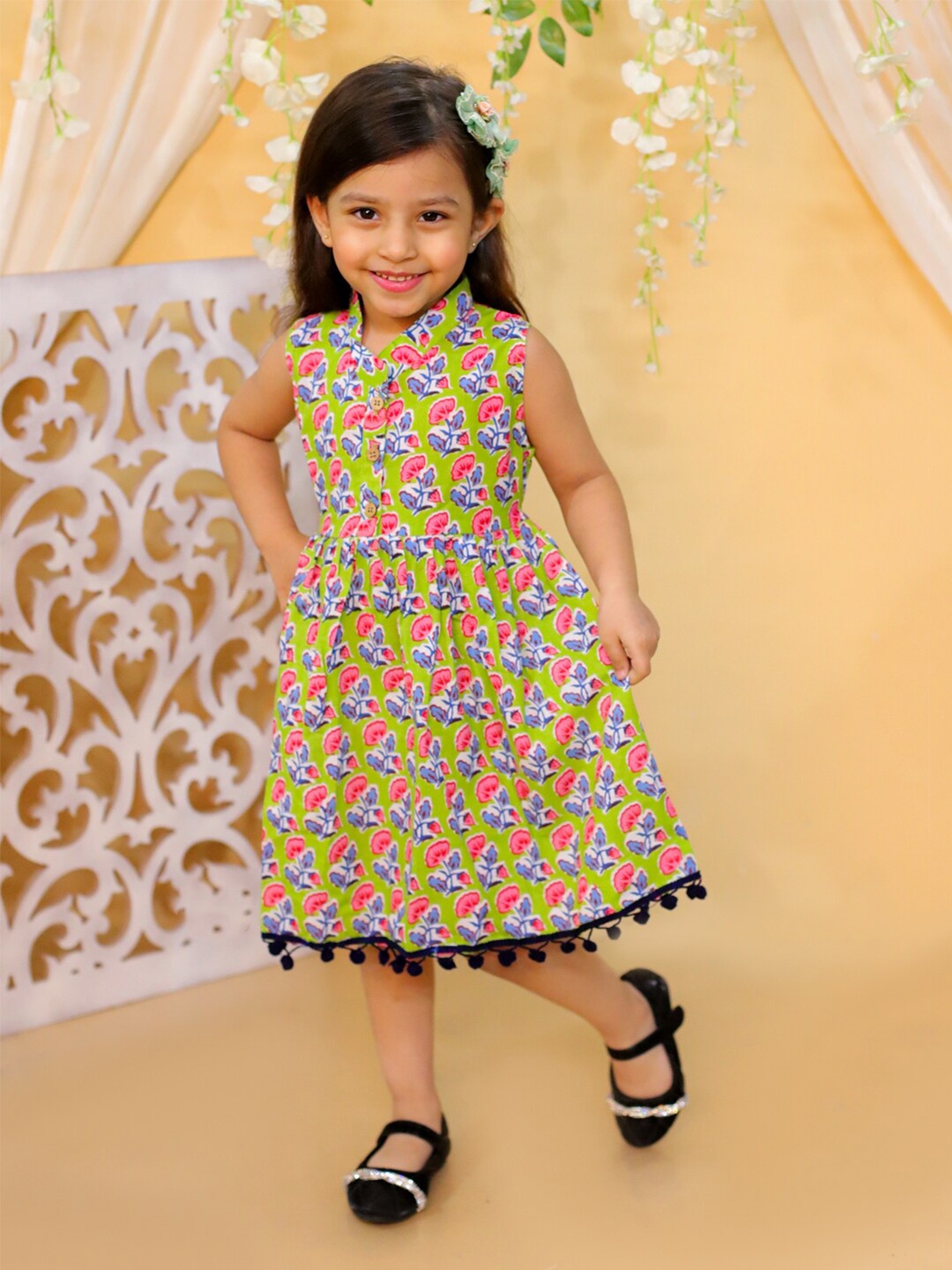 

BownBee Girls Floral Printed Mandarin Collar Pom-Pom Detail Cotton Fit & Flare Midi Dress, Green