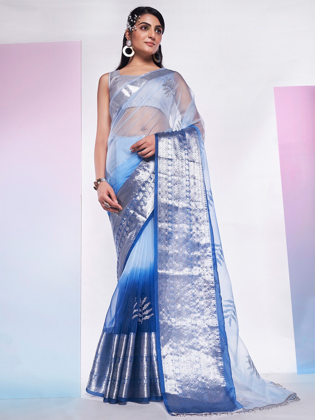 

Ishin Floral Zari Organza Saree, Blue