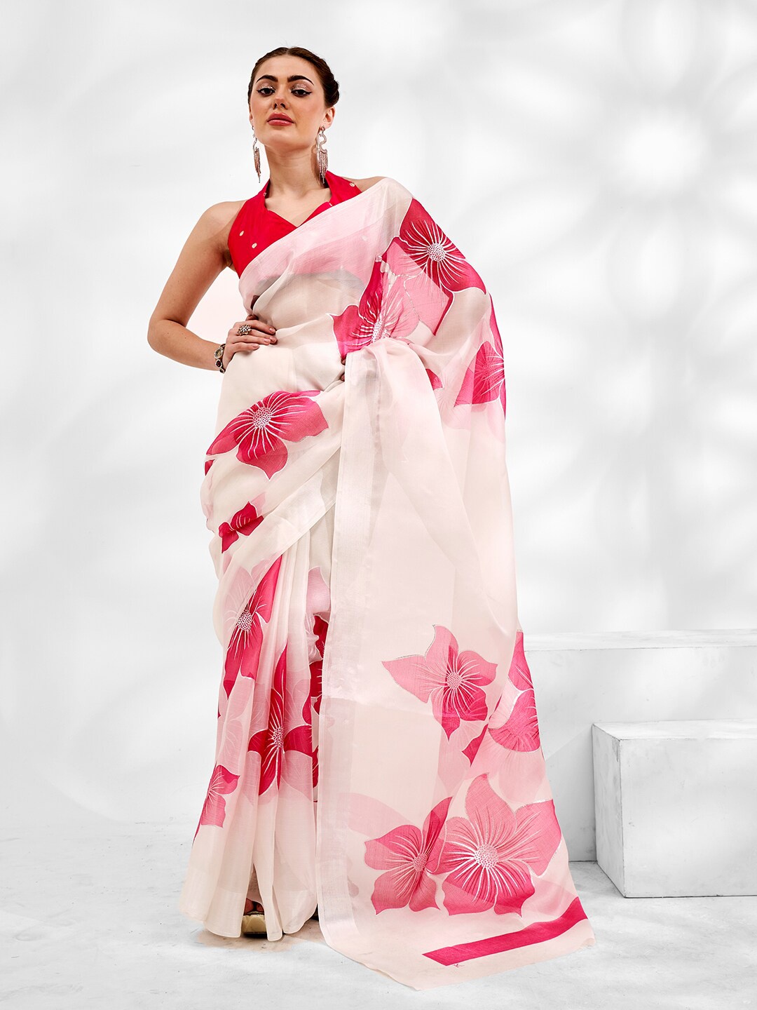 

Ishin Floral Organza Saree, White