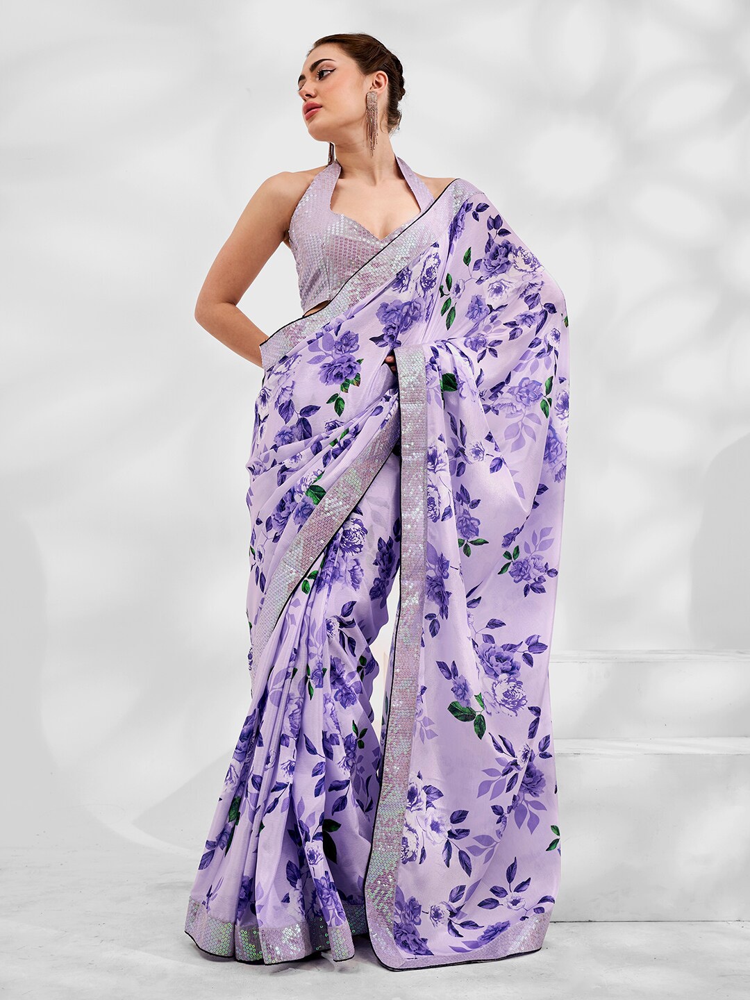 

Ishin Floral Sequinned Poly Georgette Saree, Purple