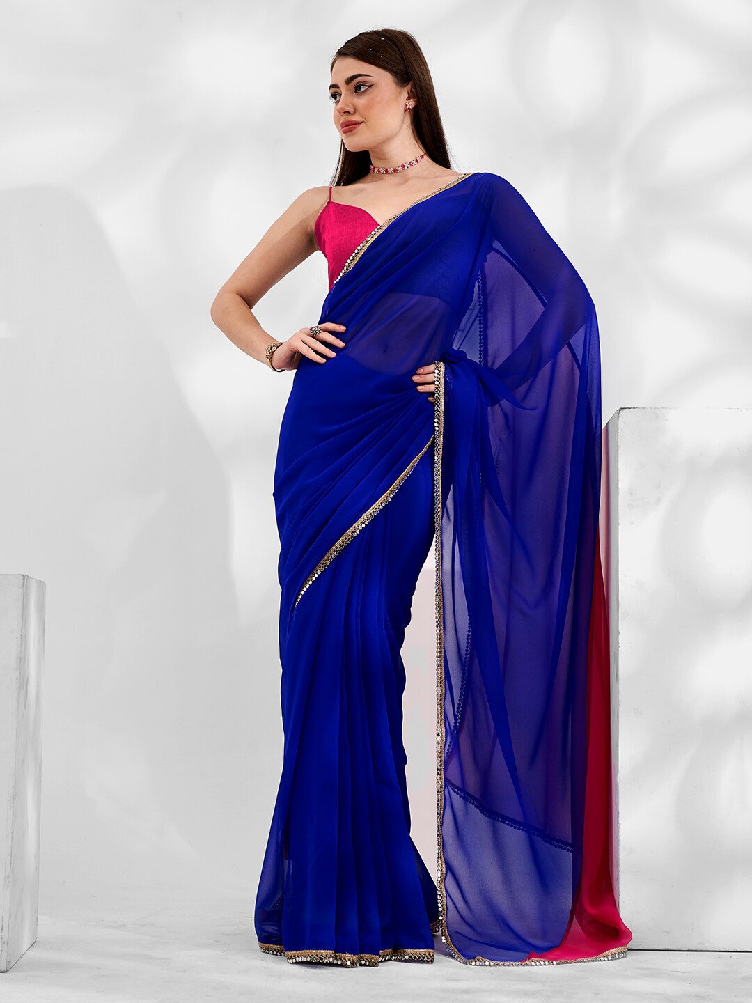 

Ishin Mirror Work Poly Georgette Designer Saree, Blue